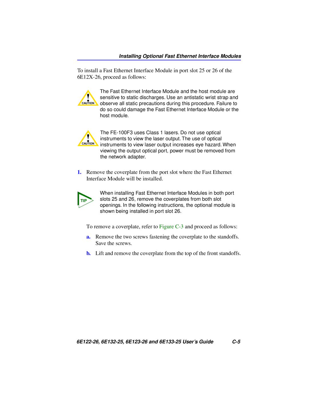 Cabletron Systems 6E123-26, 6E133-25, 6E122-26, 6E132-25 manual Installing Optional Fast Ethernet Interface Modules 