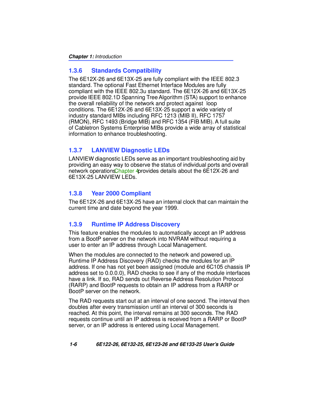 Cabletron Systems 6E122-26, 6E133-25, 6E123-26 manual Standards Compatibility, Lanview Diagnostic LEDs, Year 2000 Compliant 