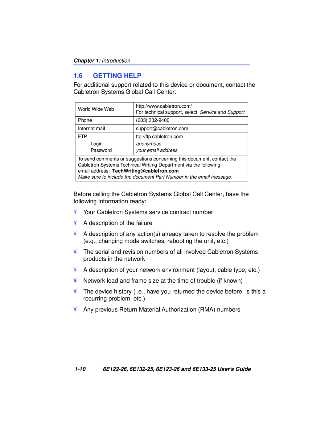 Cabletron Systems 6E122-26, 6E133-25, 6E123-26, 6E132-25 manual Getting Help, Your email address 