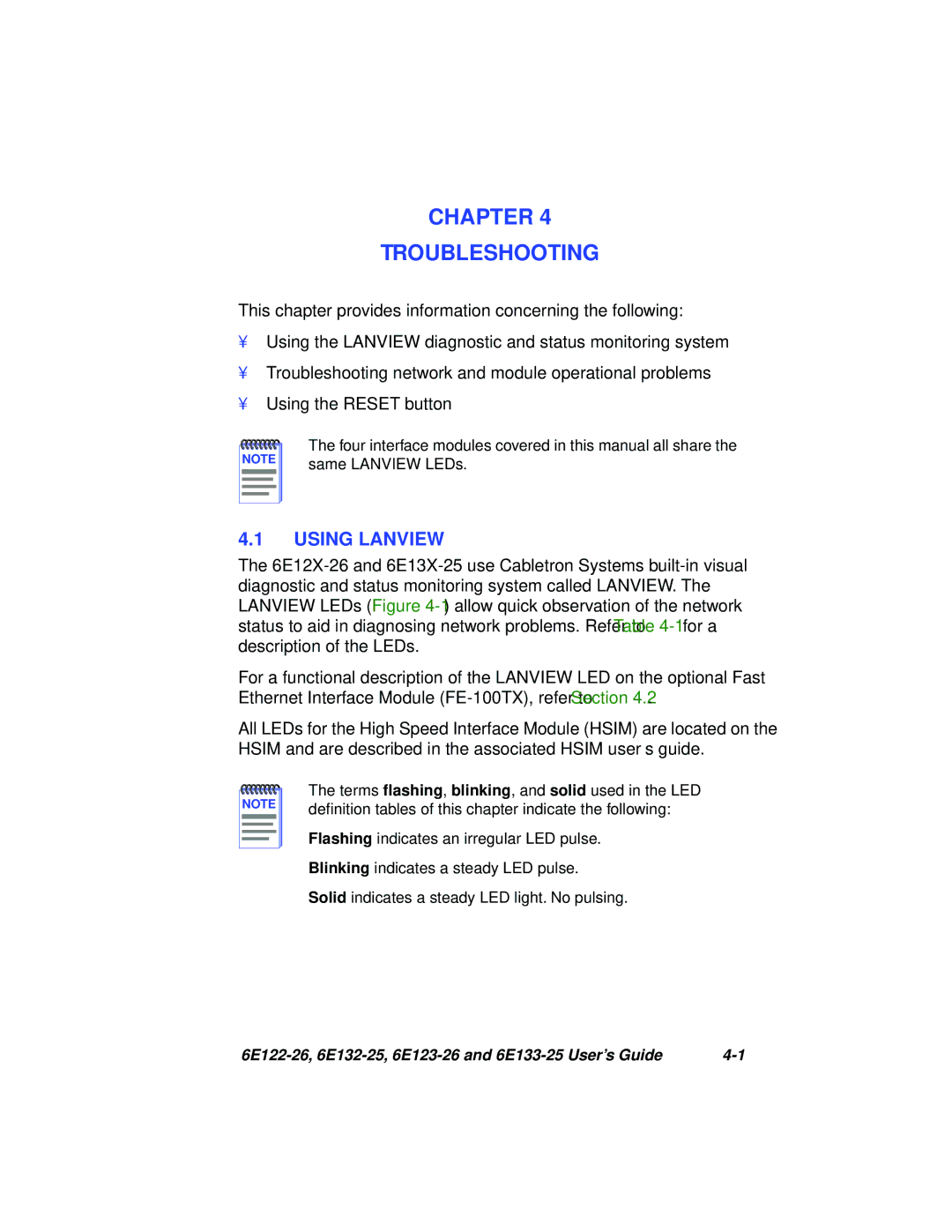 Cabletron Systems 6E123-26, 6E133-25, 6E122-26, 6E132-25 manual Chapter Troubleshooting, Using Lanview 