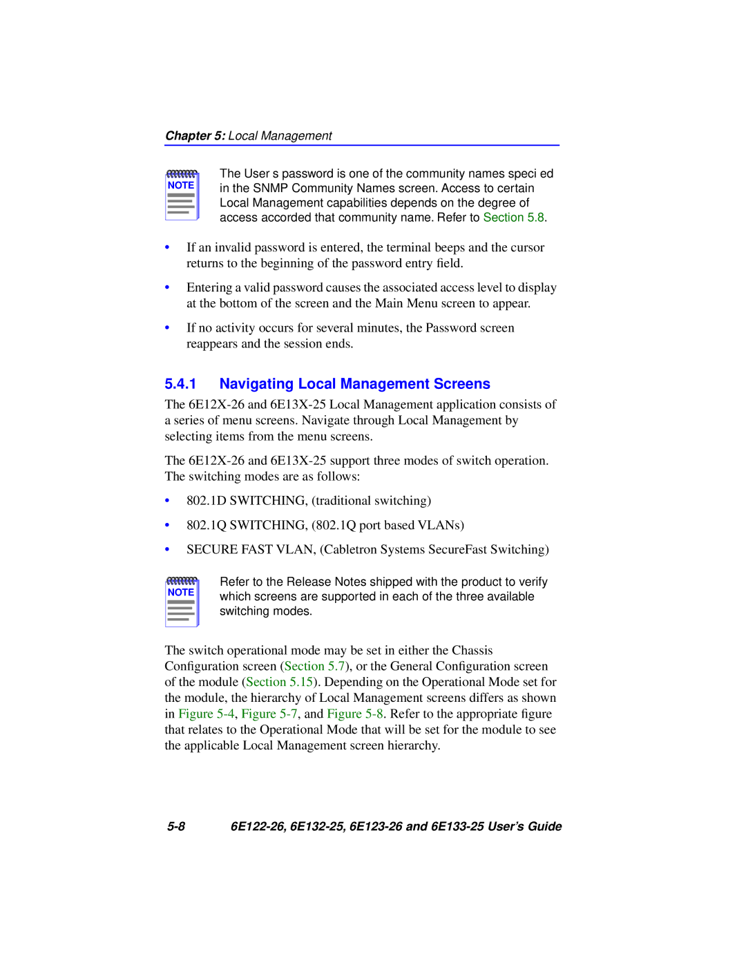 Cabletron Systems 6E133-25, 6E123-26, 6E122-26, 6E132-25 manual Navigating Local Management Screens 