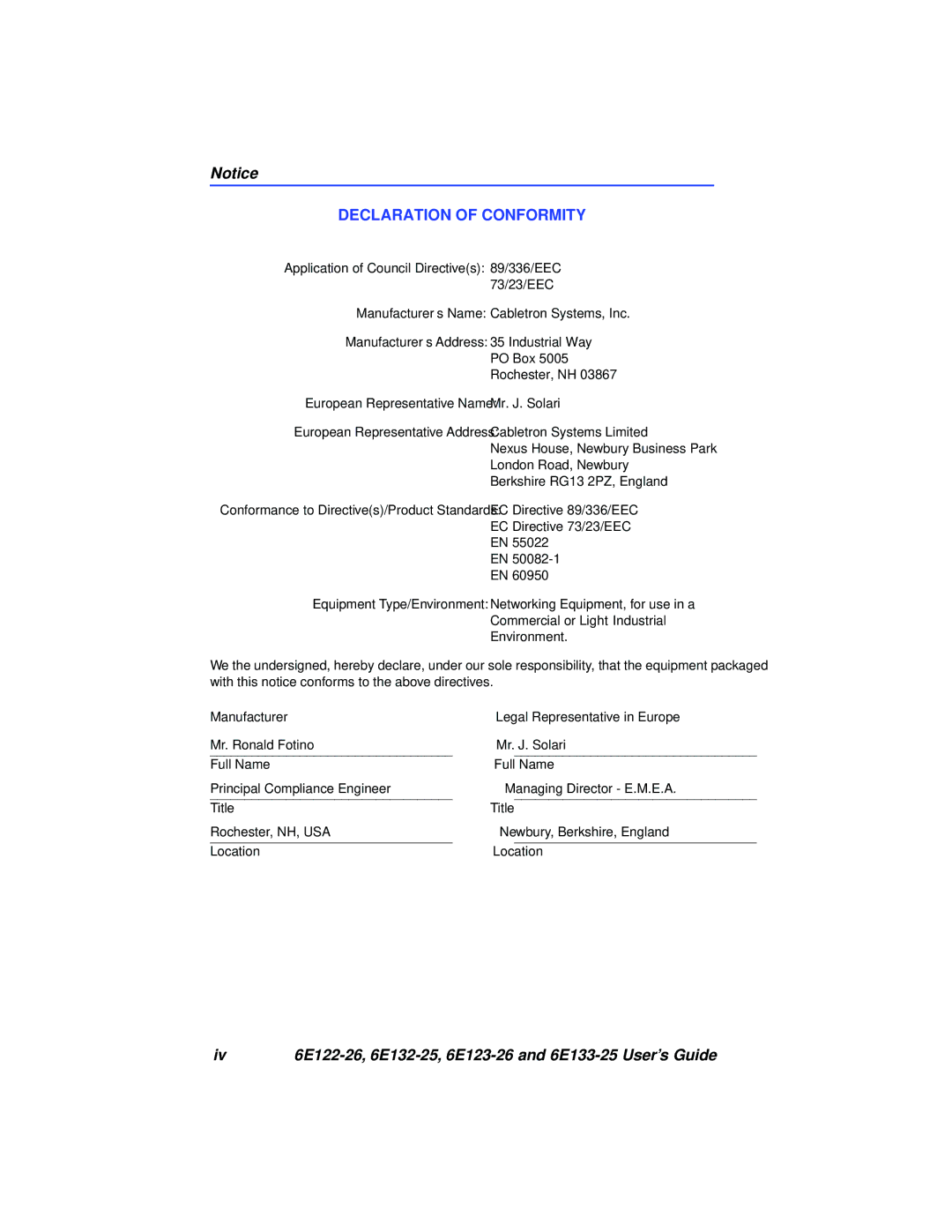 Cabletron Systems 6E122-26, 6E133-25, 6E123-26, 6E132-25 manual Declaration of Conformity 