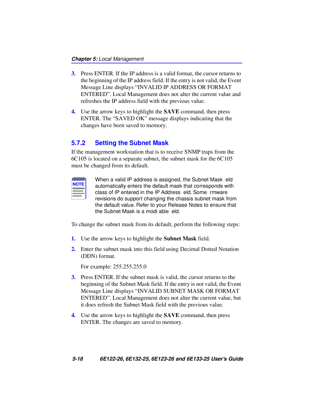 Cabletron Systems 6E122-26, 6E133-25, 6E123-26, 6E132-25 manual Setting the Subnet Mask 