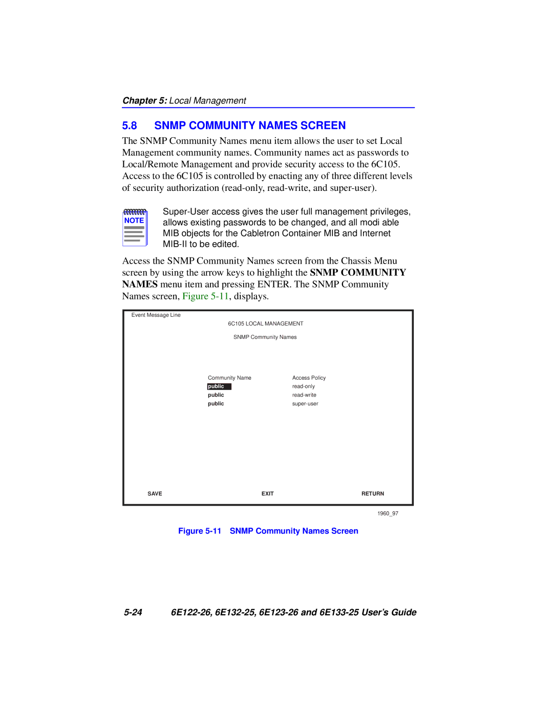 Cabletron Systems 6E133-25, 6E123-26, 6E122-26, 6E132-25 manual Snmp Community Names Screen 