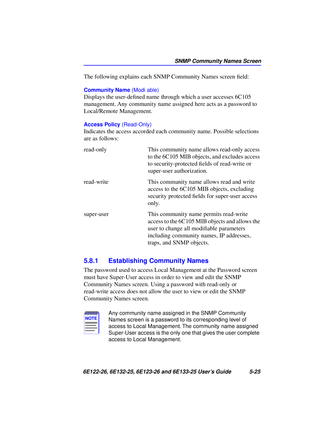 Cabletron Systems 6E123-26, 6E133-25, 6E122-26, 6E132-25 manual Establishing Community Names 