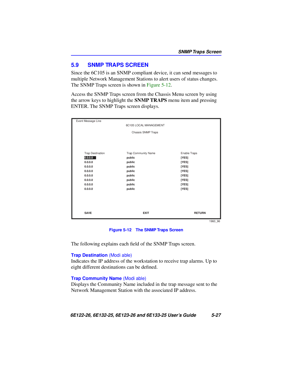 Cabletron Systems 6E132-25, 6E133-25, 6E123-26, 6E122-26 manual The Snmp Traps Screen 