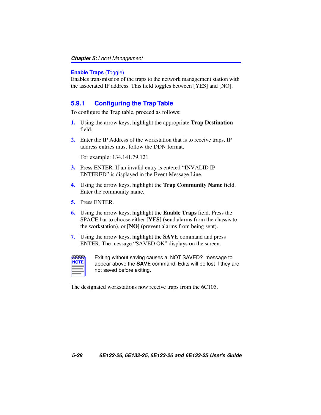 Cabletron Systems 6E133-25, 6E123-26, 6E122-26, 6E132-25 manual 1 Conﬁguring the Trap Table 