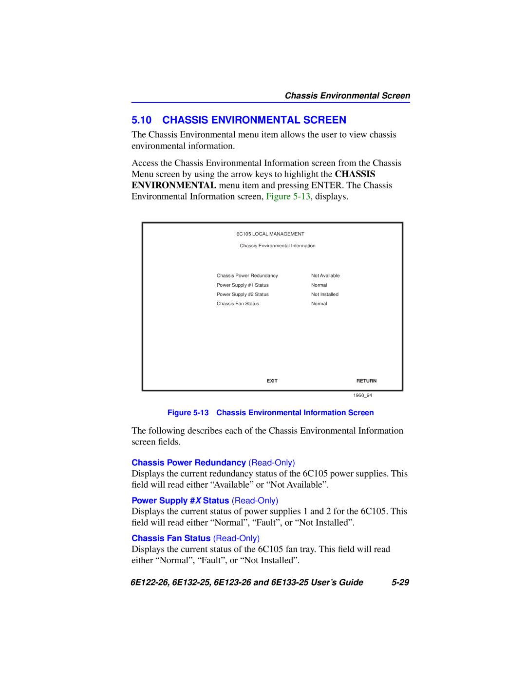 Cabletron Systems 6E123-26, 6E133-25, 6E122-26 manual Chassis Environmental Screen, Chassis Environmental Information Screen 