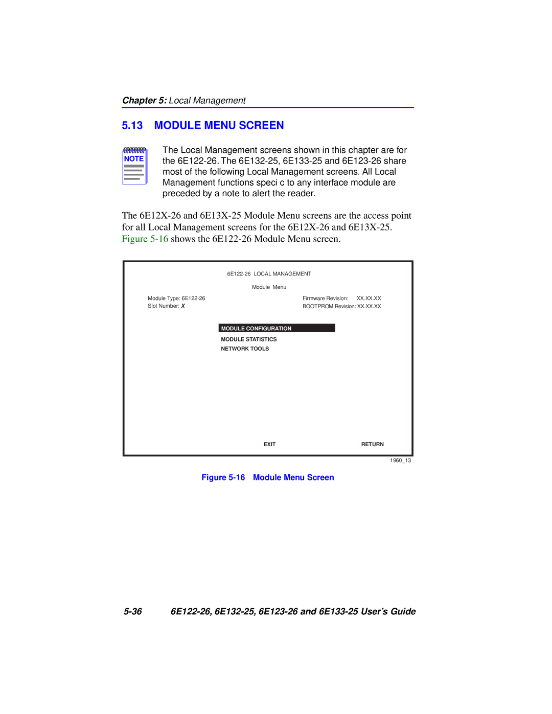 Cabletron Systems 6E133-25, 6E123-26, 6E122-26, 6E132-25 manual Module Menu Screen 