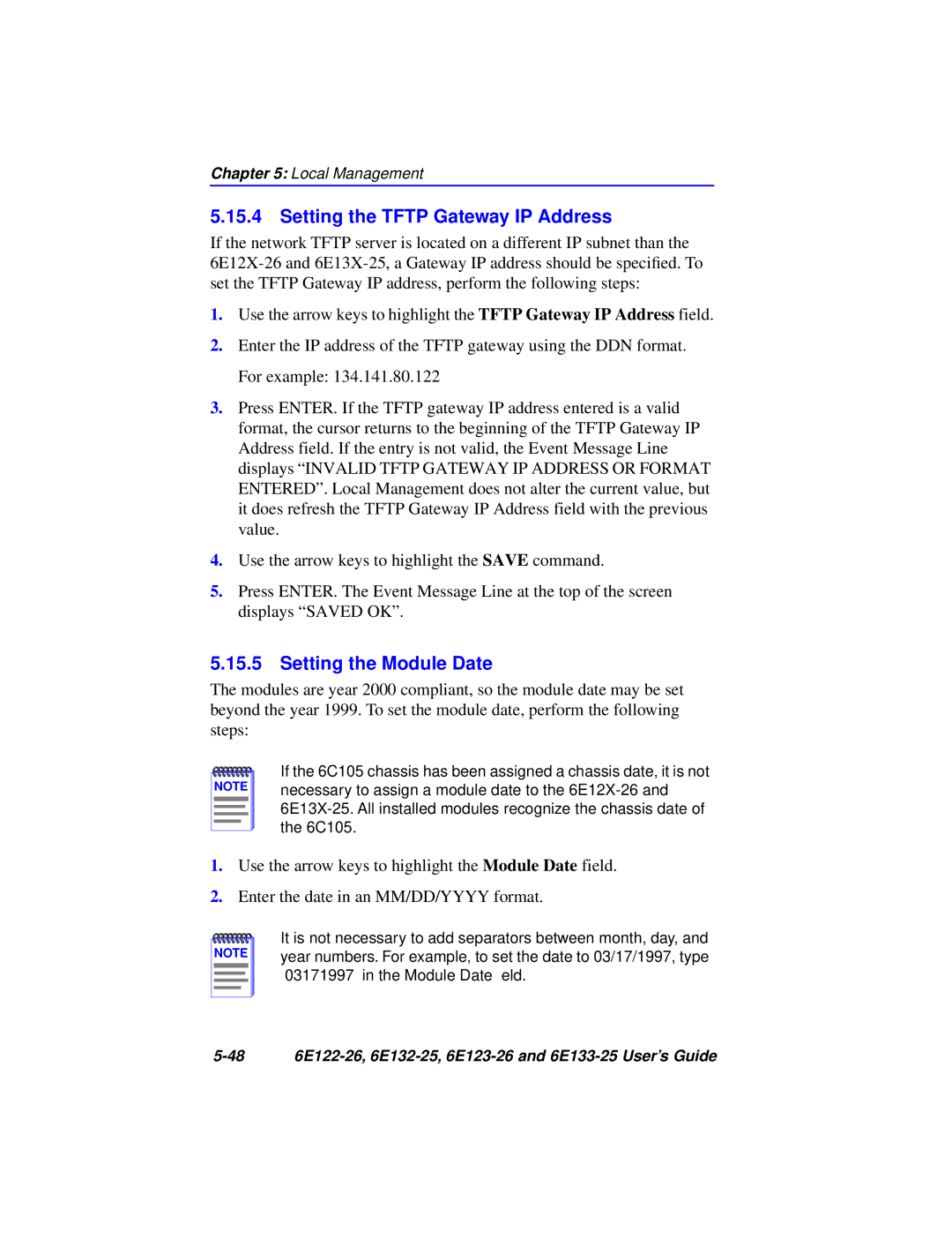 Cabletron Systems 6E133-25, 6E123-26, 6E122-26, 6E132-25 manual Setting the Tftp Gateway IP Address, Setting the Module Date 