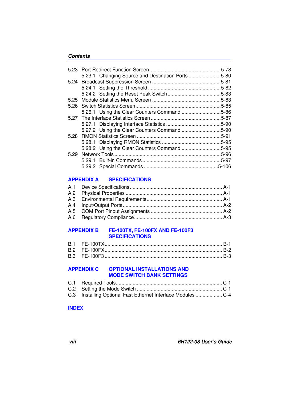 Cabletron Systems 6H122-08 Contents, Appendix A, Specifications, Appendix B, FE-100TX, FE-100FX AND FE-100F3, Appendix C 
