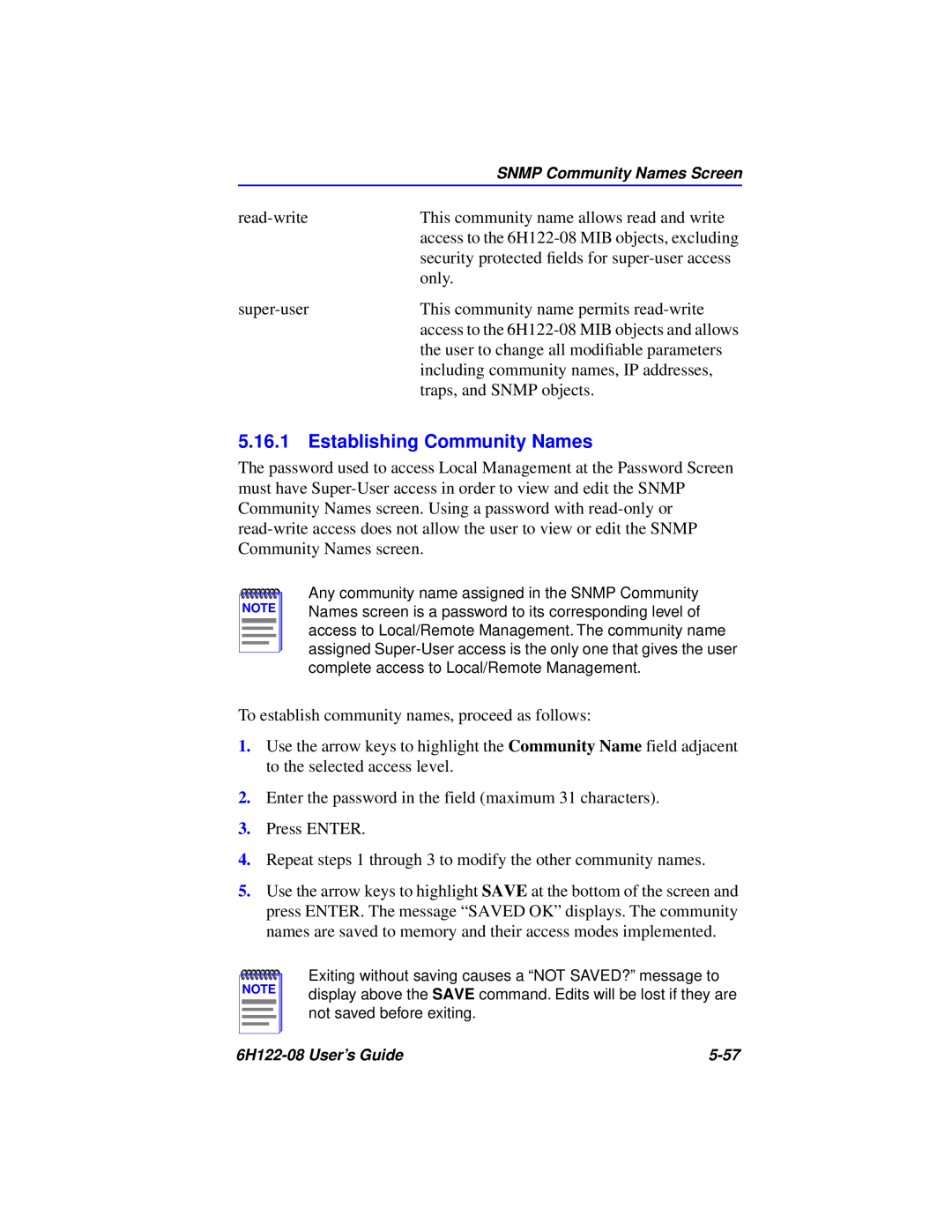 Cabletron Systems 6H122-08 manual Establishing Community Names 