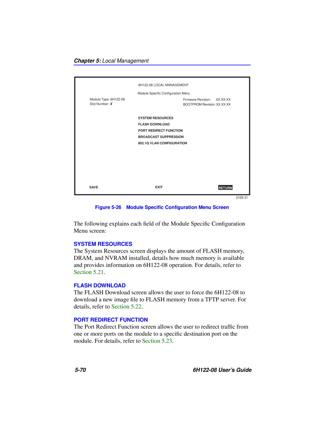 Cabletron Systems 6H122-08 manual 26 Module Speciﬁc Conﬁguration Menu Screen 