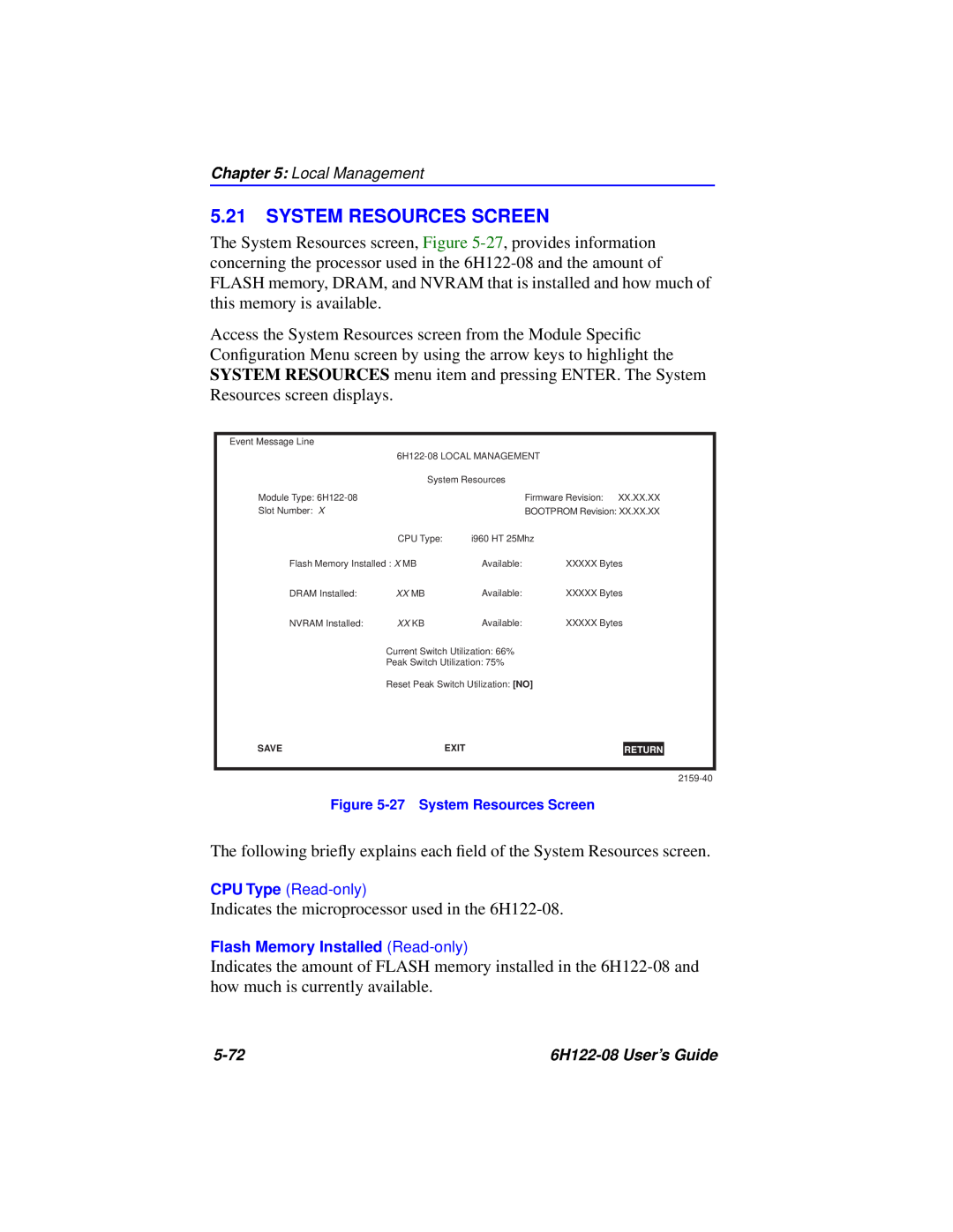 Cabletron Systems 6H122-08 manual System Resources Screen 