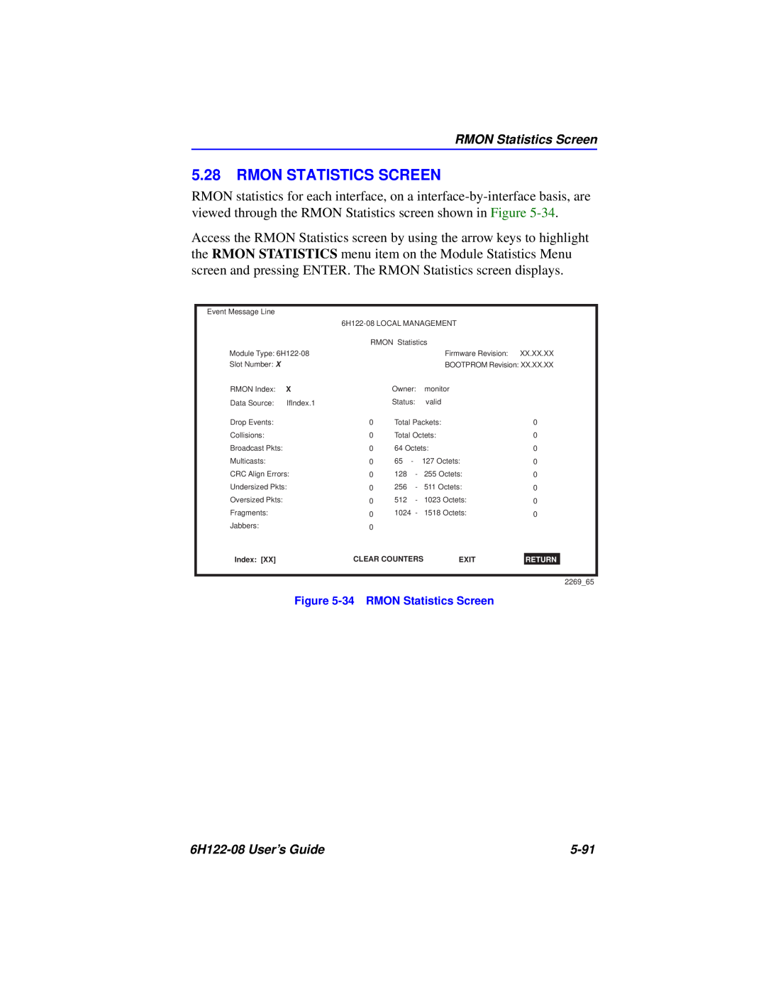 Cabletron Systems 6H122-08 manual Rmon Statistics Screen, 34 RMON Statistics Screen 