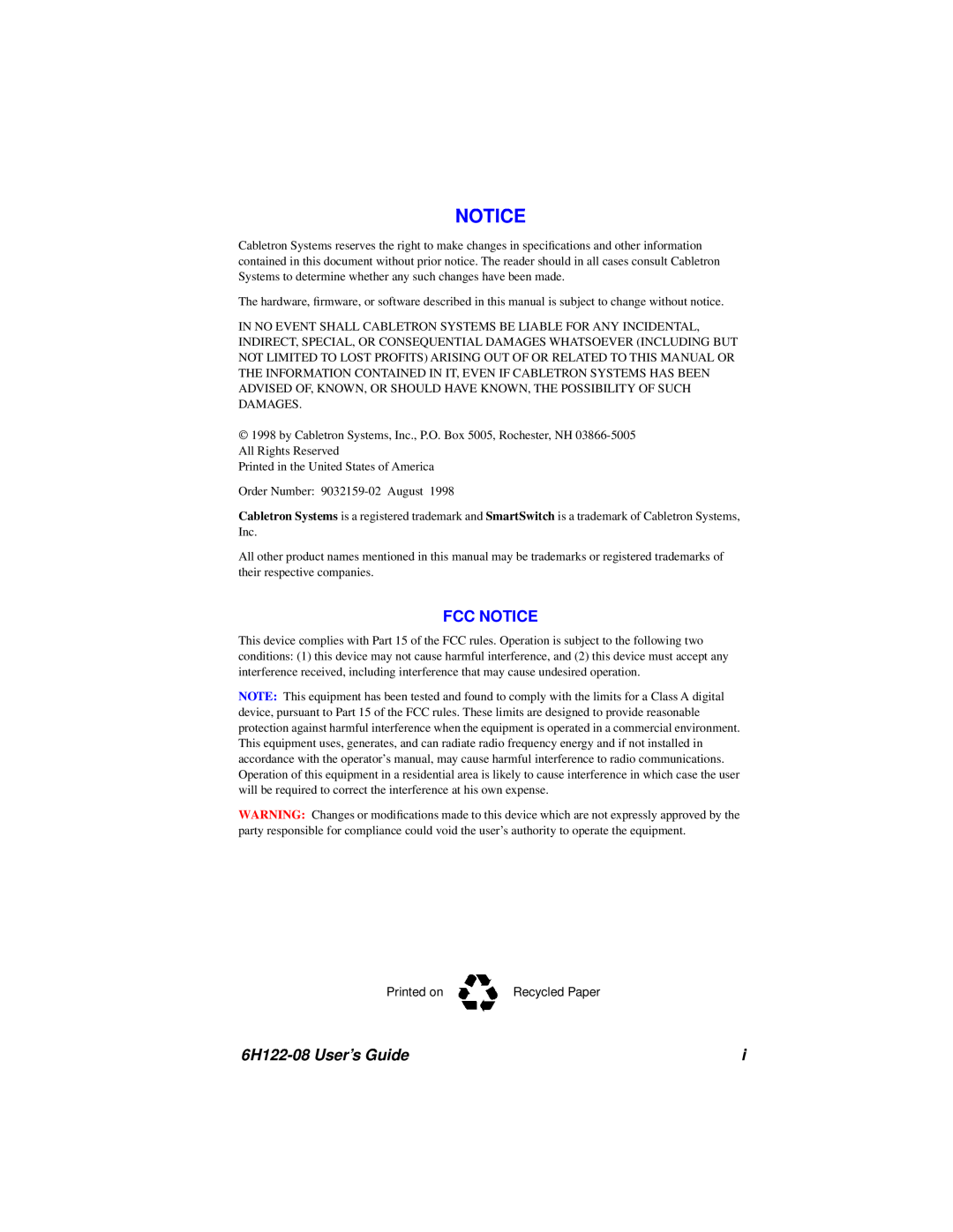 Cabletron Systems manual Fcc Notice, 6H122-08 User’s Guide 