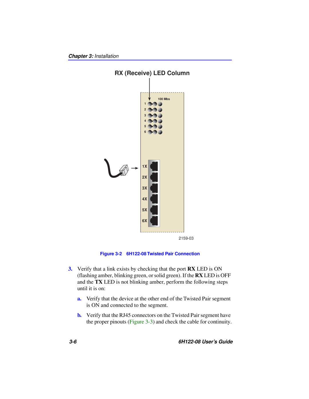 Cabletron Systems manual RX Receive LED Column, 2 6H122-08 Twisted Pair Connection 