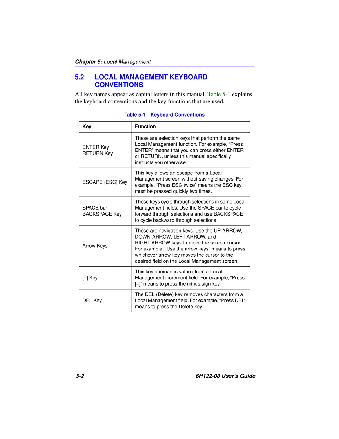 Cabletron Systems manual Local Management Keyboard Conventions, 6H122-08 User’s Guide, 1 Keyboard Conventions, Function 