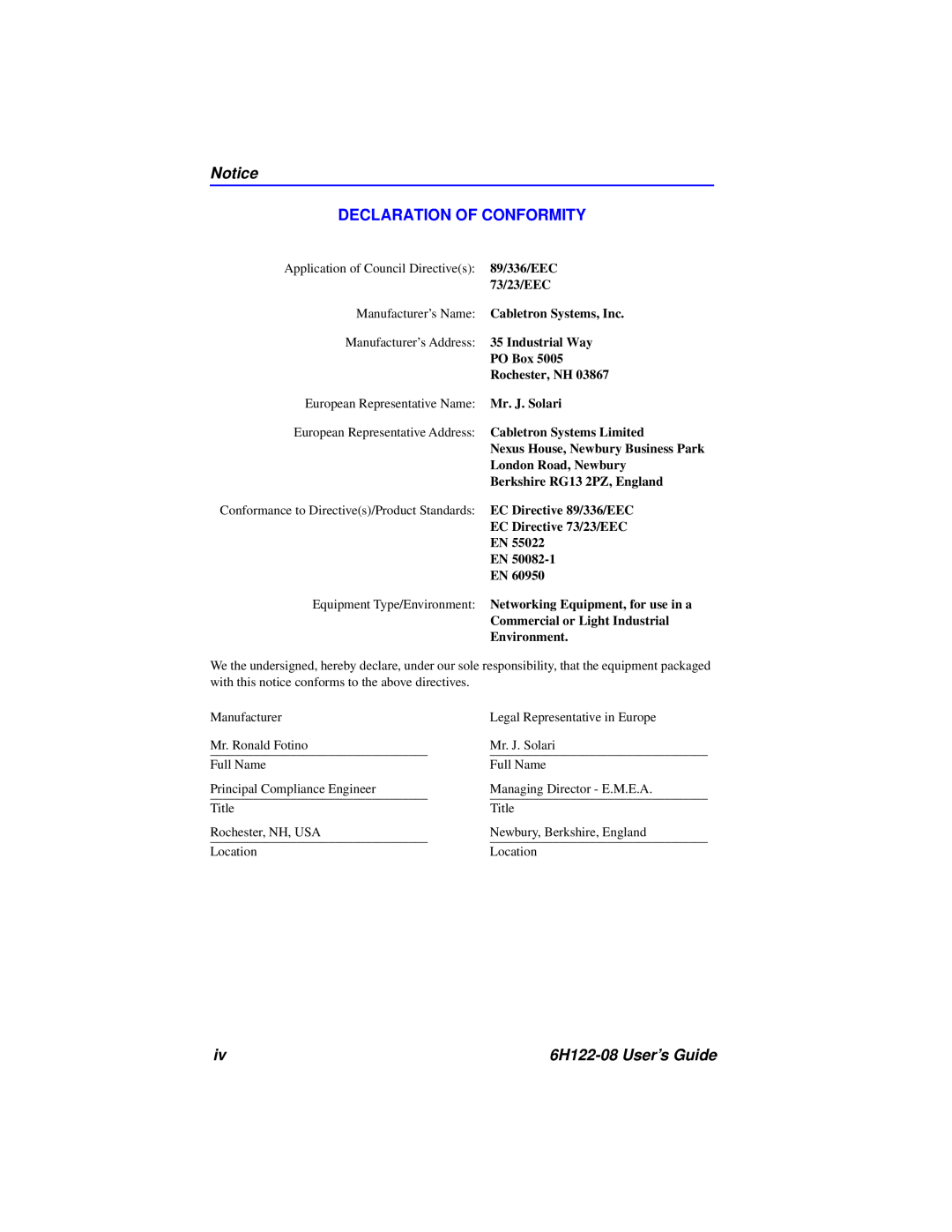 Cabletron Systems manual Declaration Of Conformity, 6H122-08 User’s Guide 