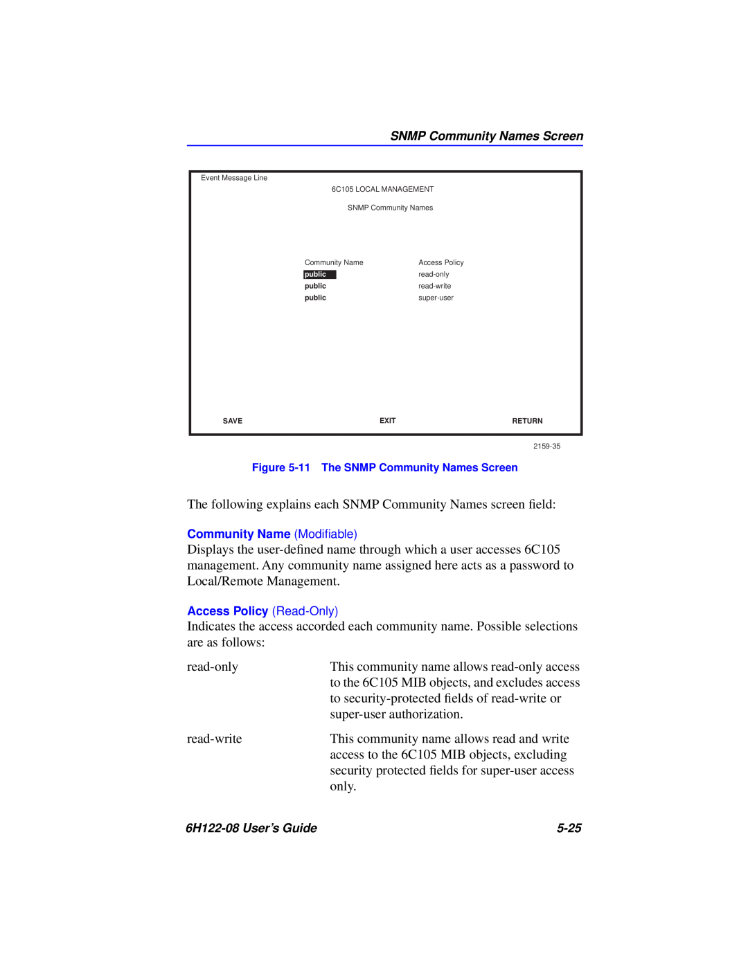 Cabletron Systems 6H122-08 manual The following explains each SNMP Community Names screen ﬁeld 