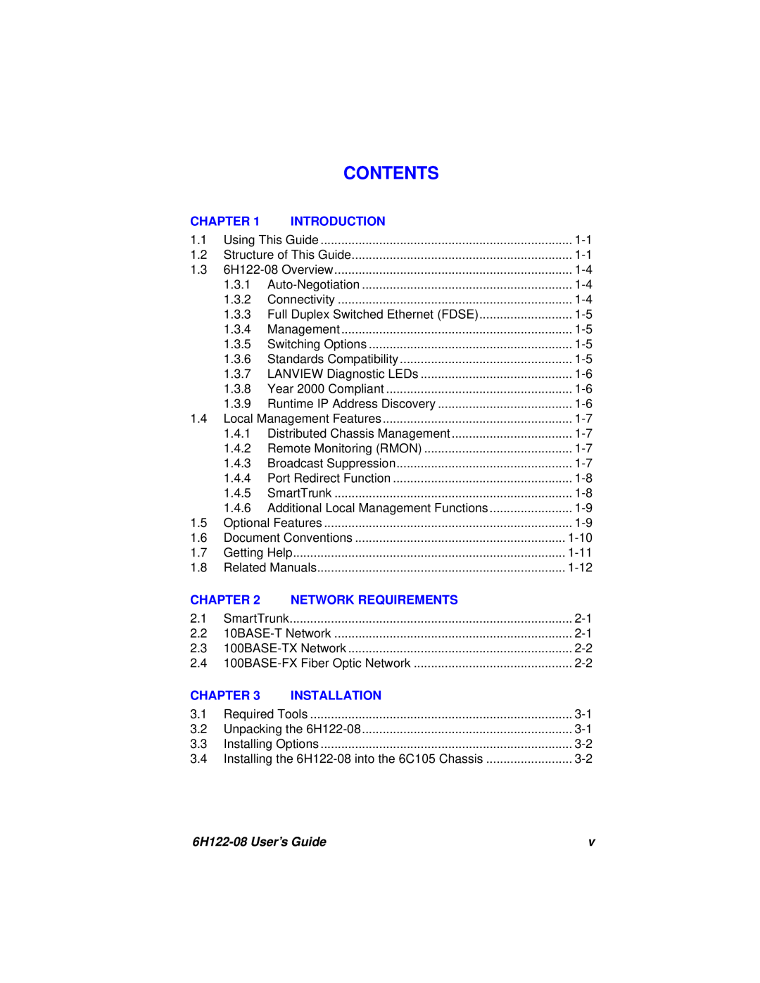 Cabletron Systems manual Contents, Chapter, Introduction, Network Requirements, Installation, 6H122-08 User’s Guide 
