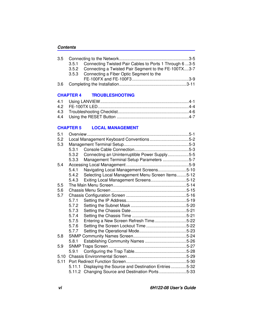 Cabletron Systems manual Contents, Chapter, Troubleshooting, Local Management, 6H122-08 User’s Guide 
