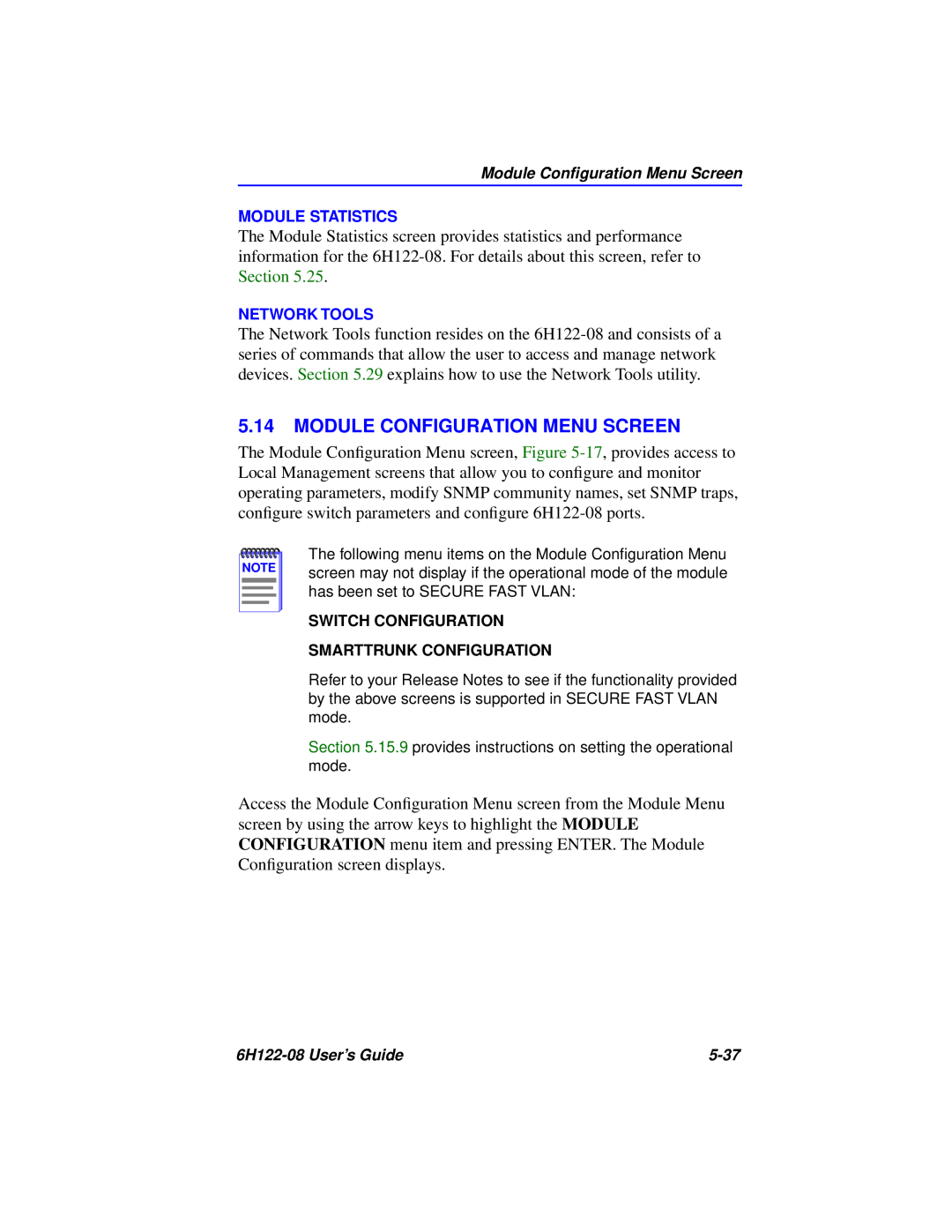 Cabletron Systems 6H122-08 manual Module Configuration Menu Screen, Module Statistics, Network Tools 
