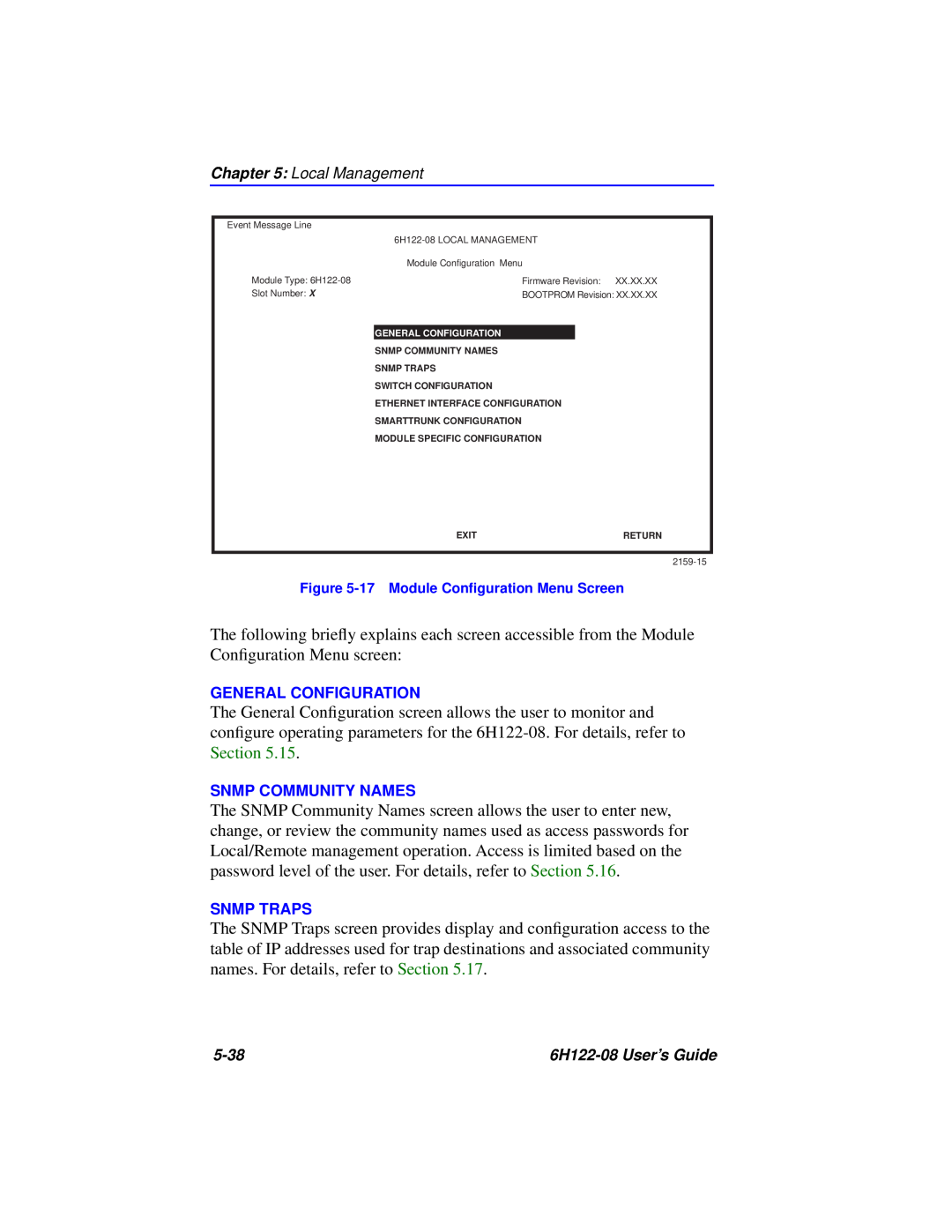 Cabletron Systems 6H122-08 manual 17 Module Conﬁguration Menu Screen, General Configuration 