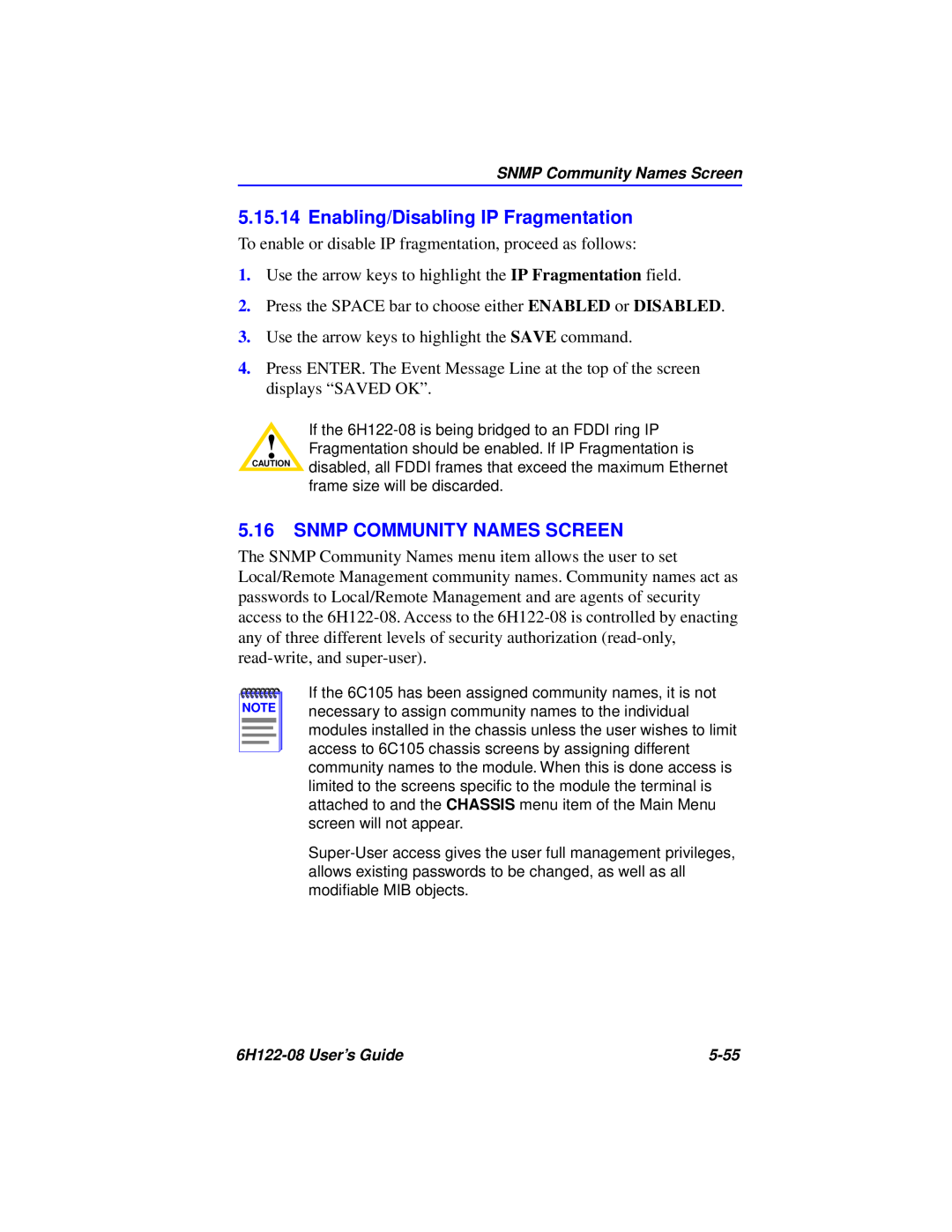 Cabletron Systems 6H122-08 manual Enabling/Disabling IP Fragmentation, Snmp Community Names Screen 