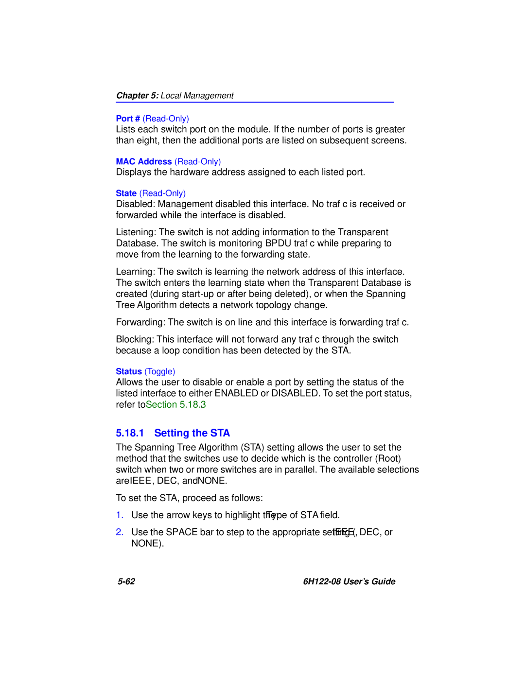 Cabletron Systems 6H122-08 manual Setting the STA 