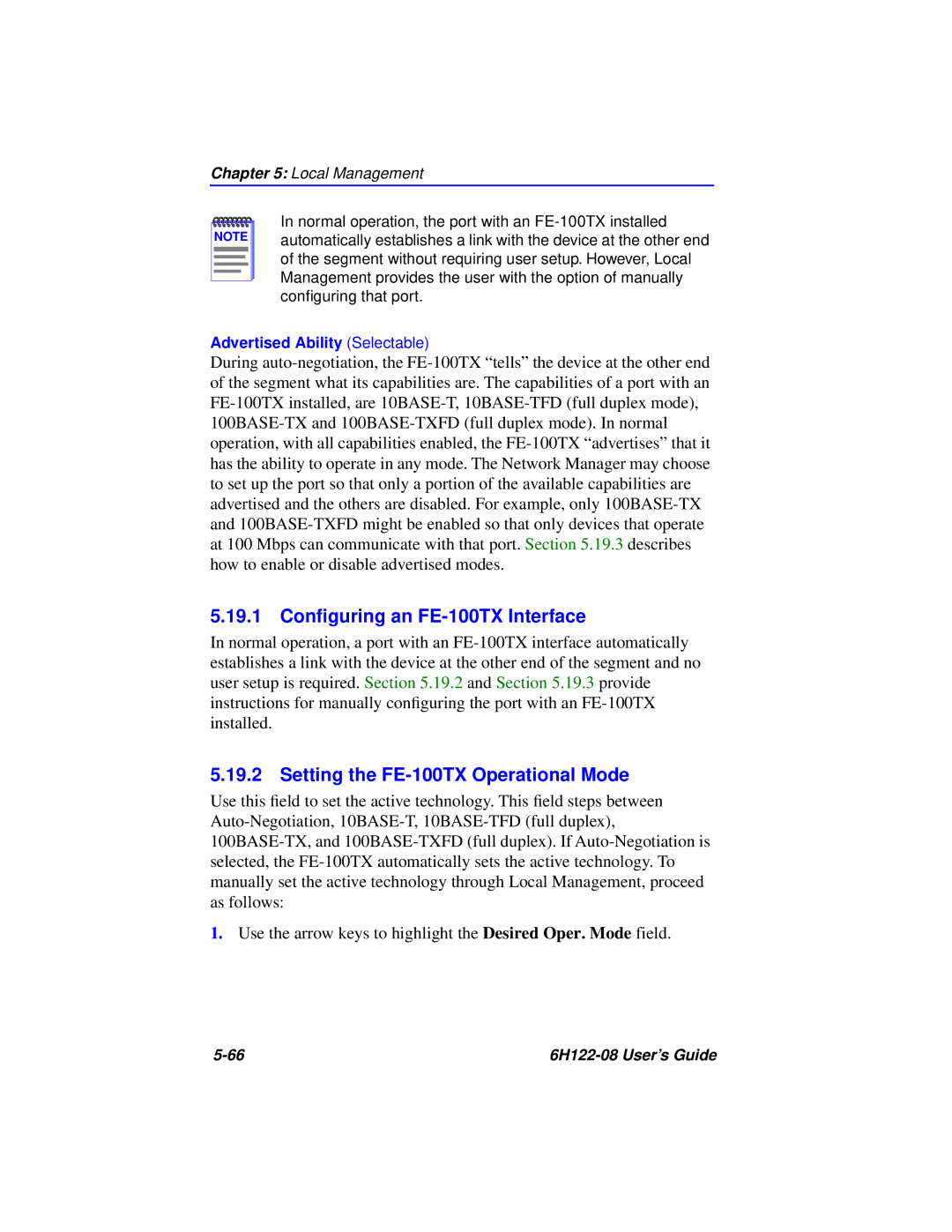 Cabletron Systems 6H122-08 manual 19.1 Conﬁguring an FE-100TX Interface, Setting the FE-100TX Operational Mode 