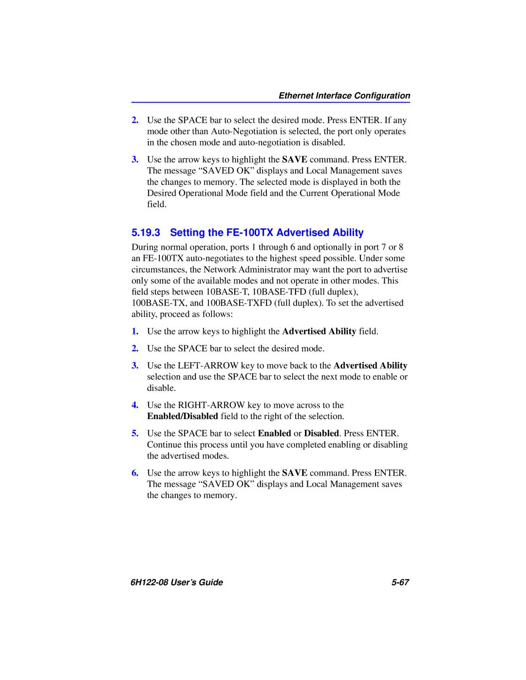 Cabletron Systems 6H122-08 manual Setting the FE-100TX Advertised Ability 