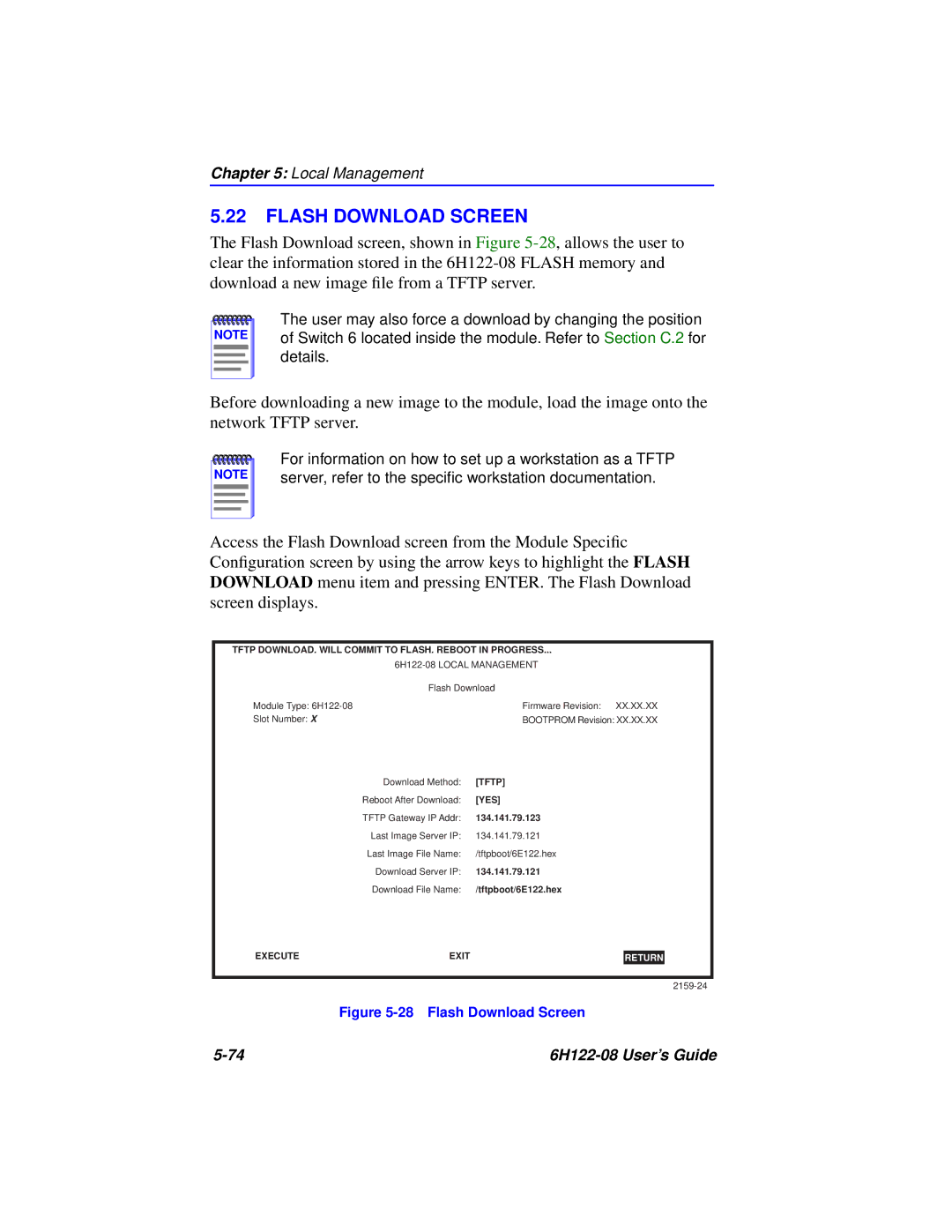 Cabletron Systems 6H122-08 manual Flash Download Screen, Tftp DOWNLOAD. will Commit to FLASH. Reboot in Progress 