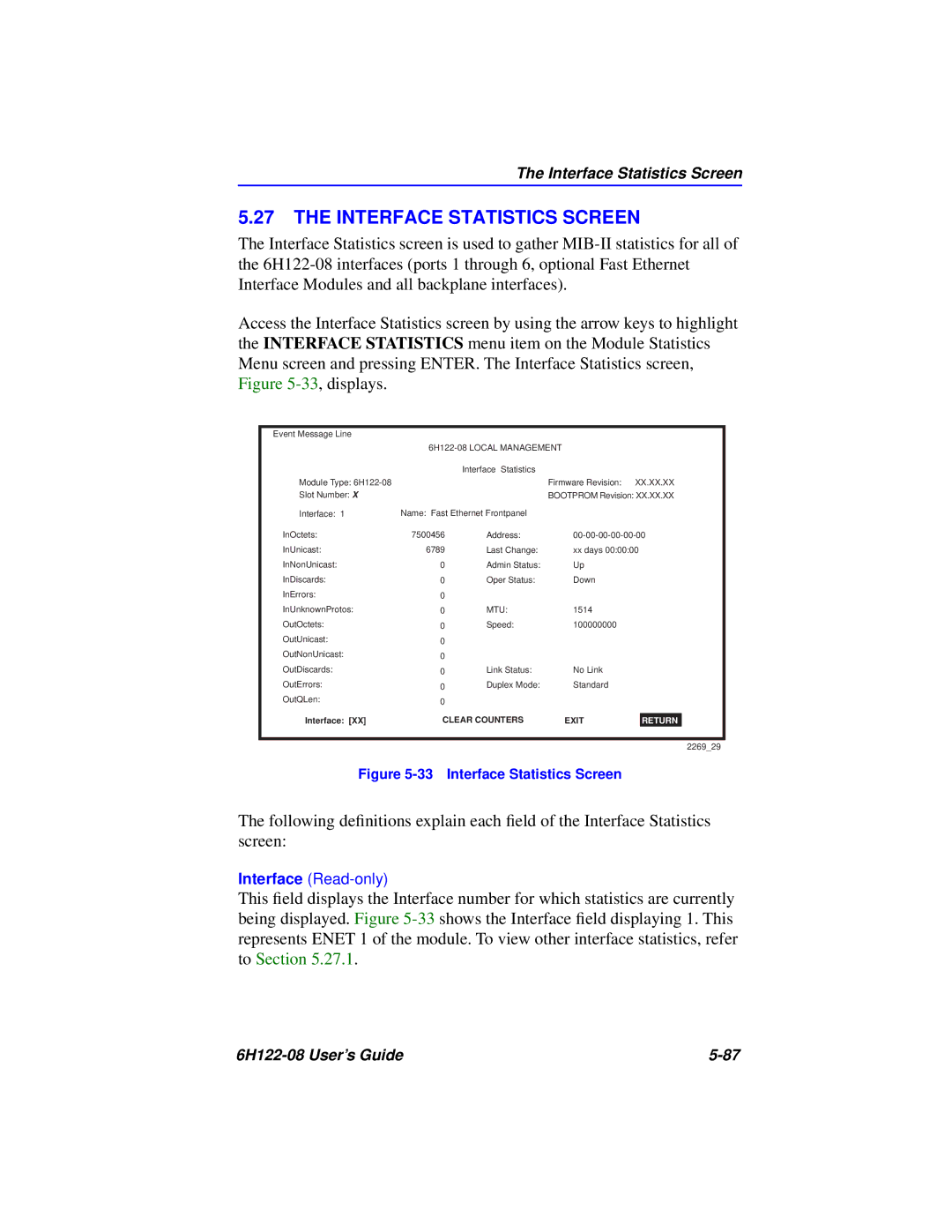 Cabletron Systems manual Interface Statistics Screen, 6H122-08 Local Management 