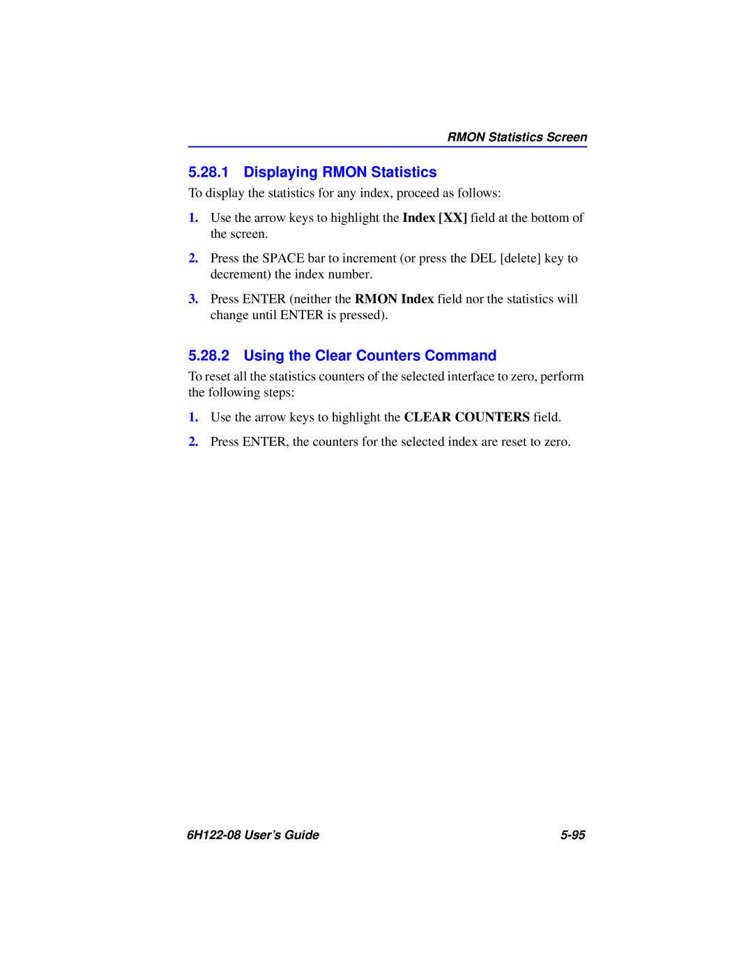 Cabletron Systems 6H122-08 manual Displaying Rmon Statistics, Using the Clear Counters Command 