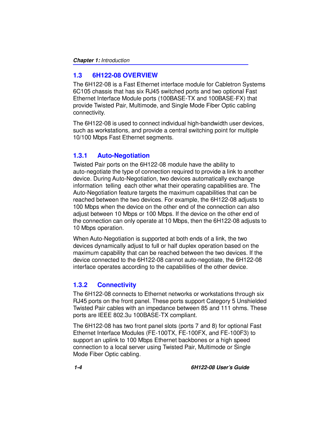 Cabletron Systems manual 6H122-08 Overview, Auto-Negotiation, Connectivity 