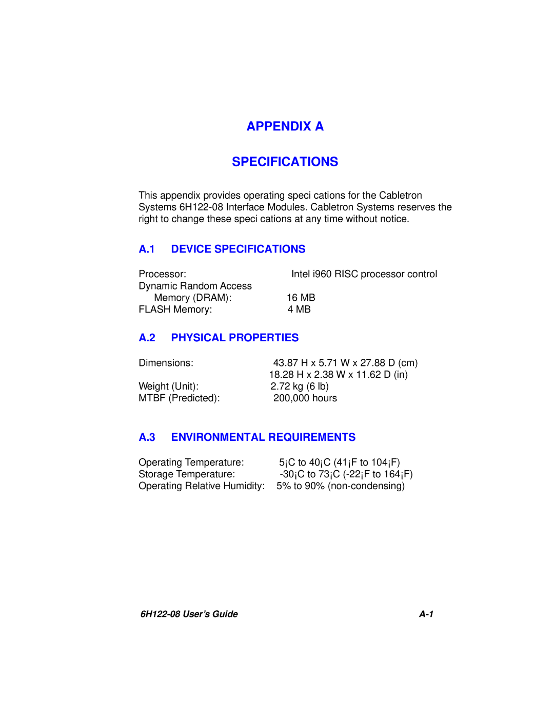 Cabletron Systems 6H122-08 manual Device Specifications, Physical Properties, Environmental Requirements 