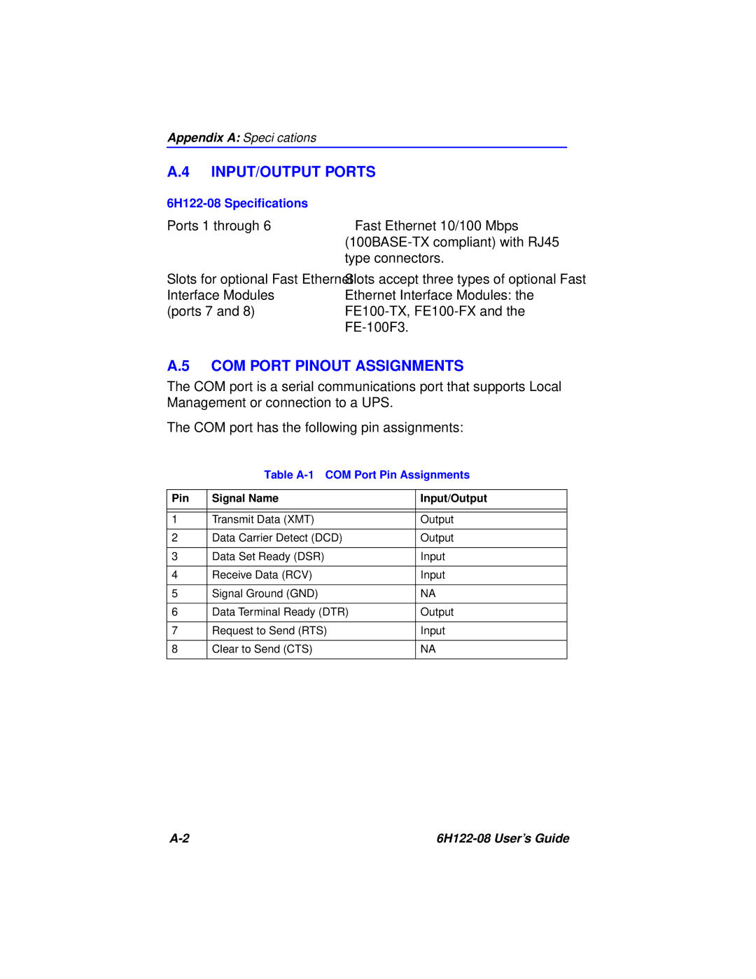 Cabletron Systems 6H122-08 manual INPUT/OUTPUT Ports, COM Port Pinout Assignments 