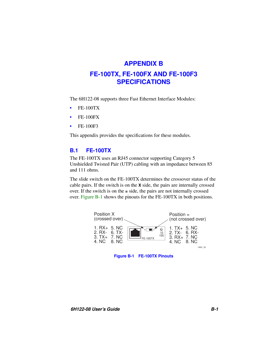 Cabletron Systems 6H122-08 manual Figure B-1 FE-100TX Pinouts 