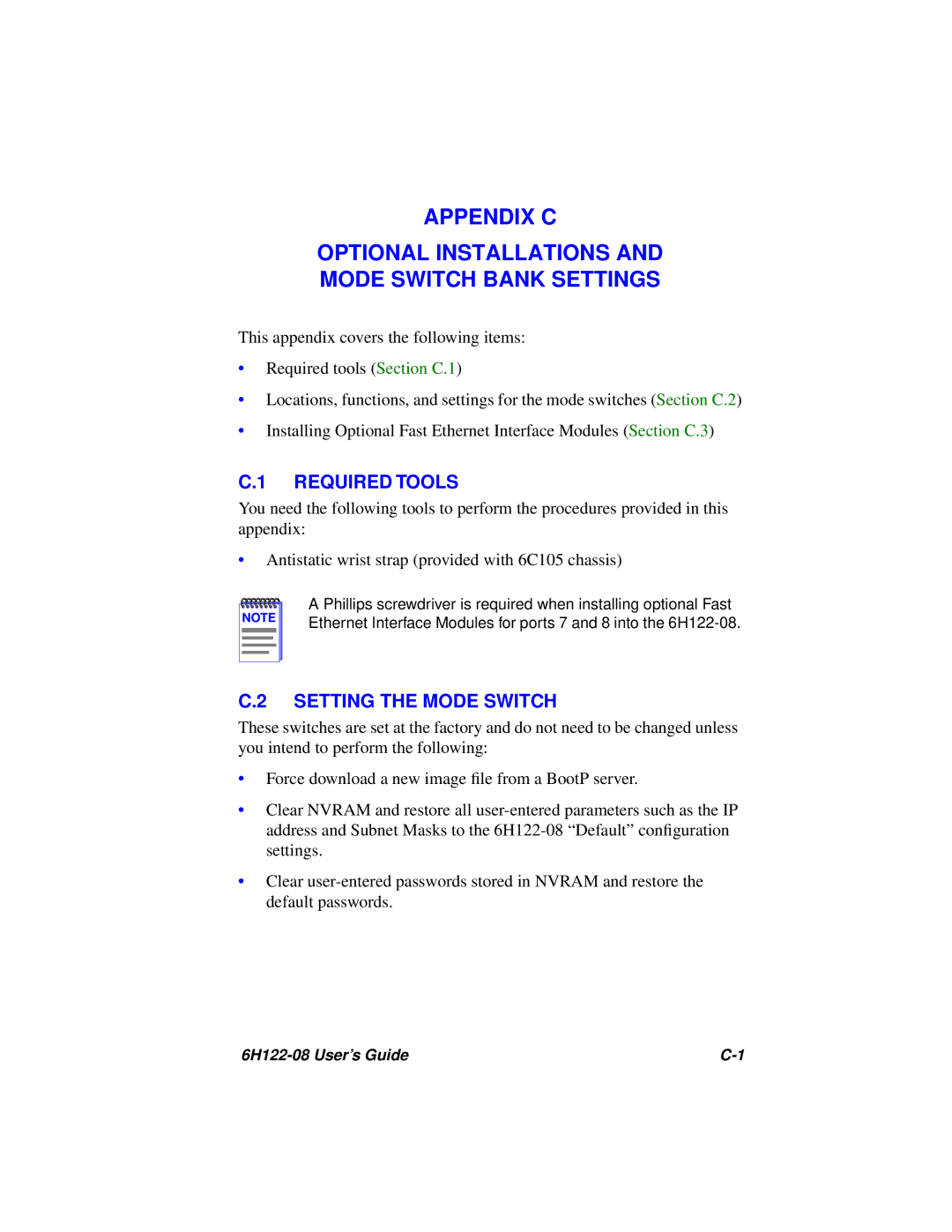 Cabletron Systems 6H122-08 manual Appendix C Optional Installations Mode Switch Bank Settings, Setting the Mode Switch 