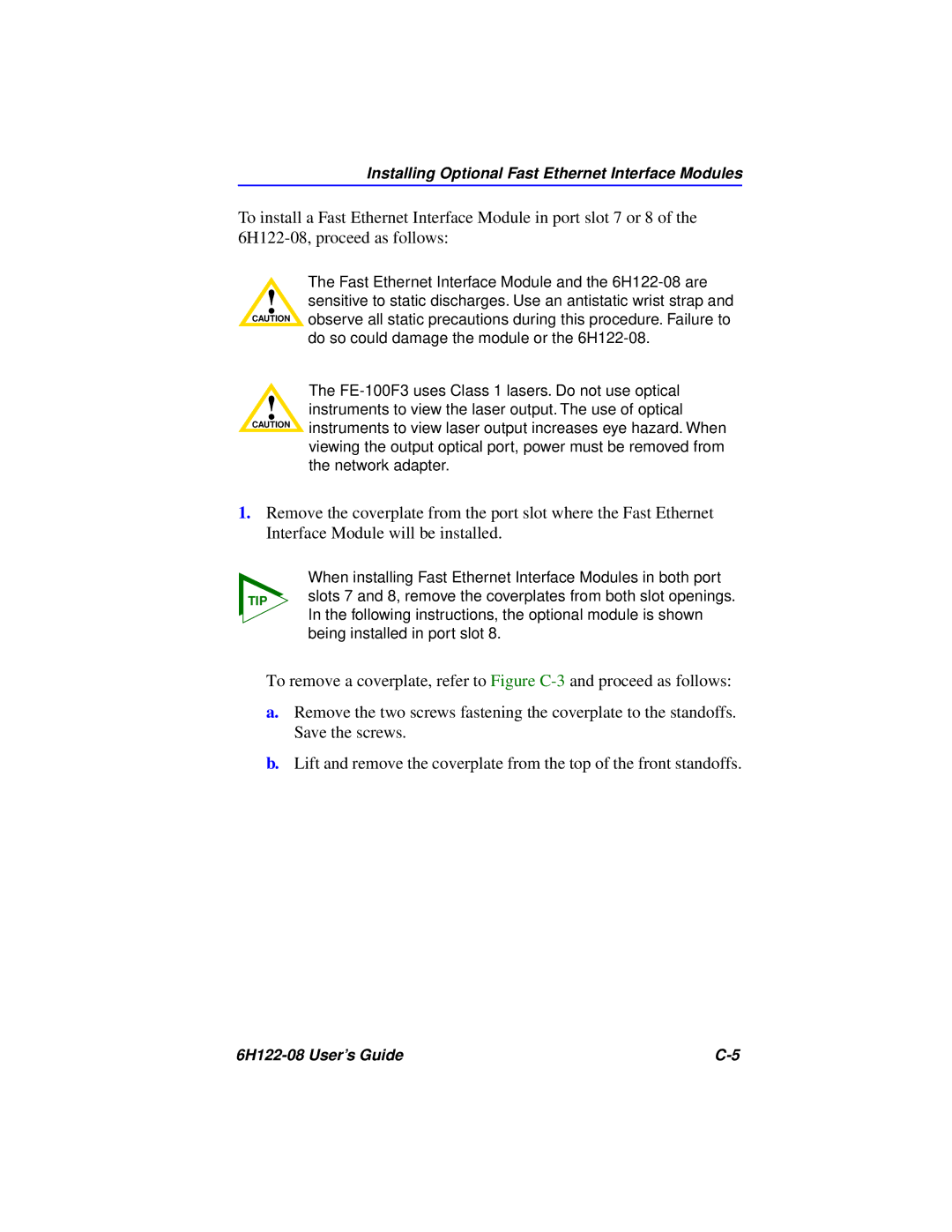 Cabletron Systems 6H122-08 manual Installing Optional Fast Ethernet Interface Modules 