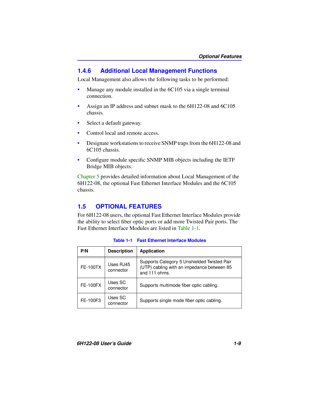 Cabletron Systems 6H122-08 manual Additional Local Management Functions, Optional Features 