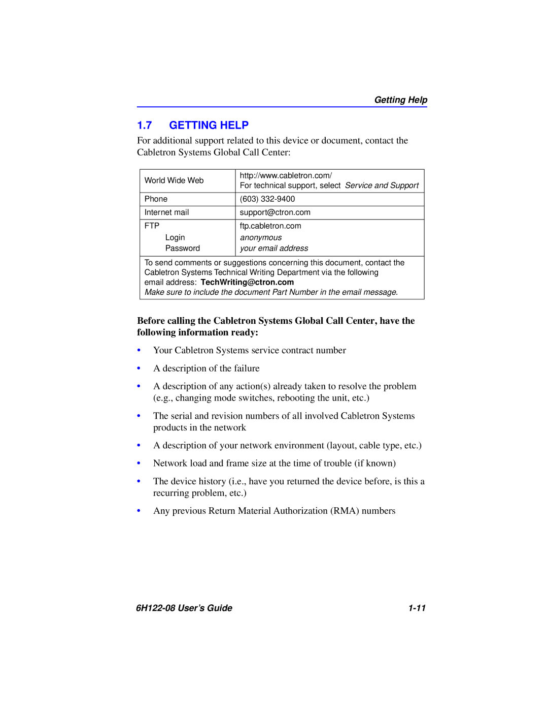 Cabletron Systems 6H122-08 manual Getting Help, Your email address 