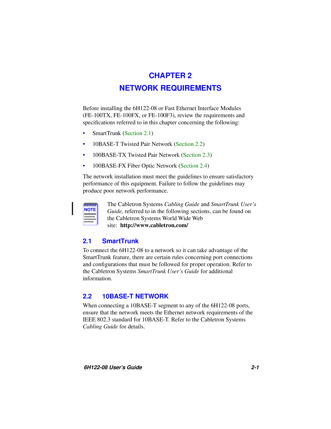 Cabletron Systems 6H122-08 manual Chapter Network Requirements, 10BASE-T Network 