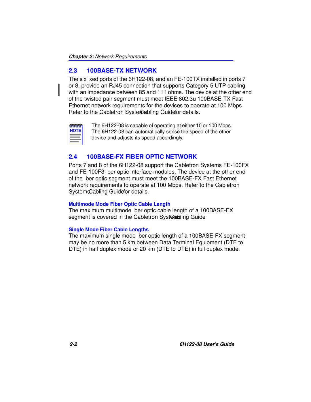 Cabletron Systems 6H122-08 manual 100BASE-TX Network, 100BASE-FX Fiber Optic Network 