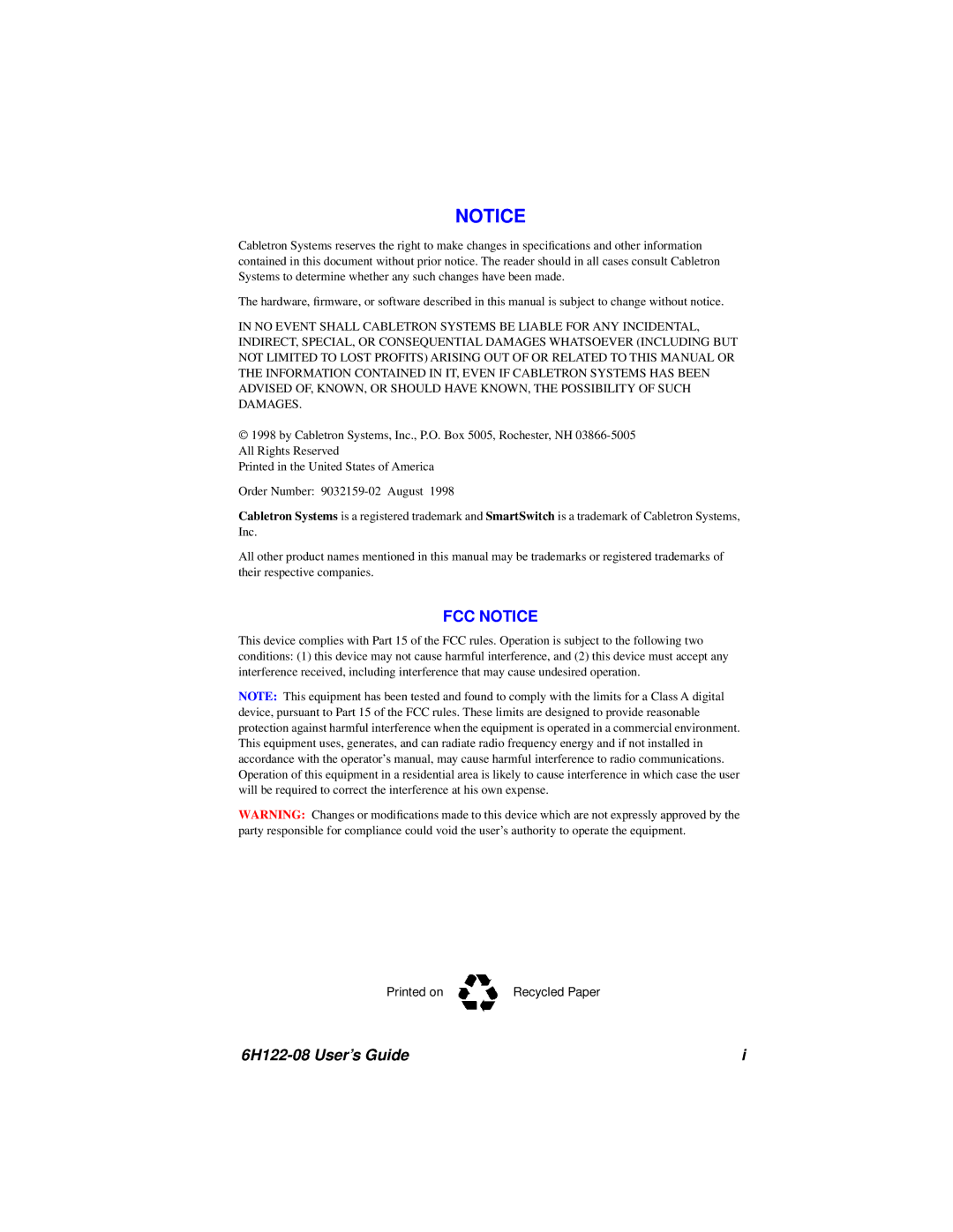 Cabletron Systems manual 6H122-08 User’s Guide 