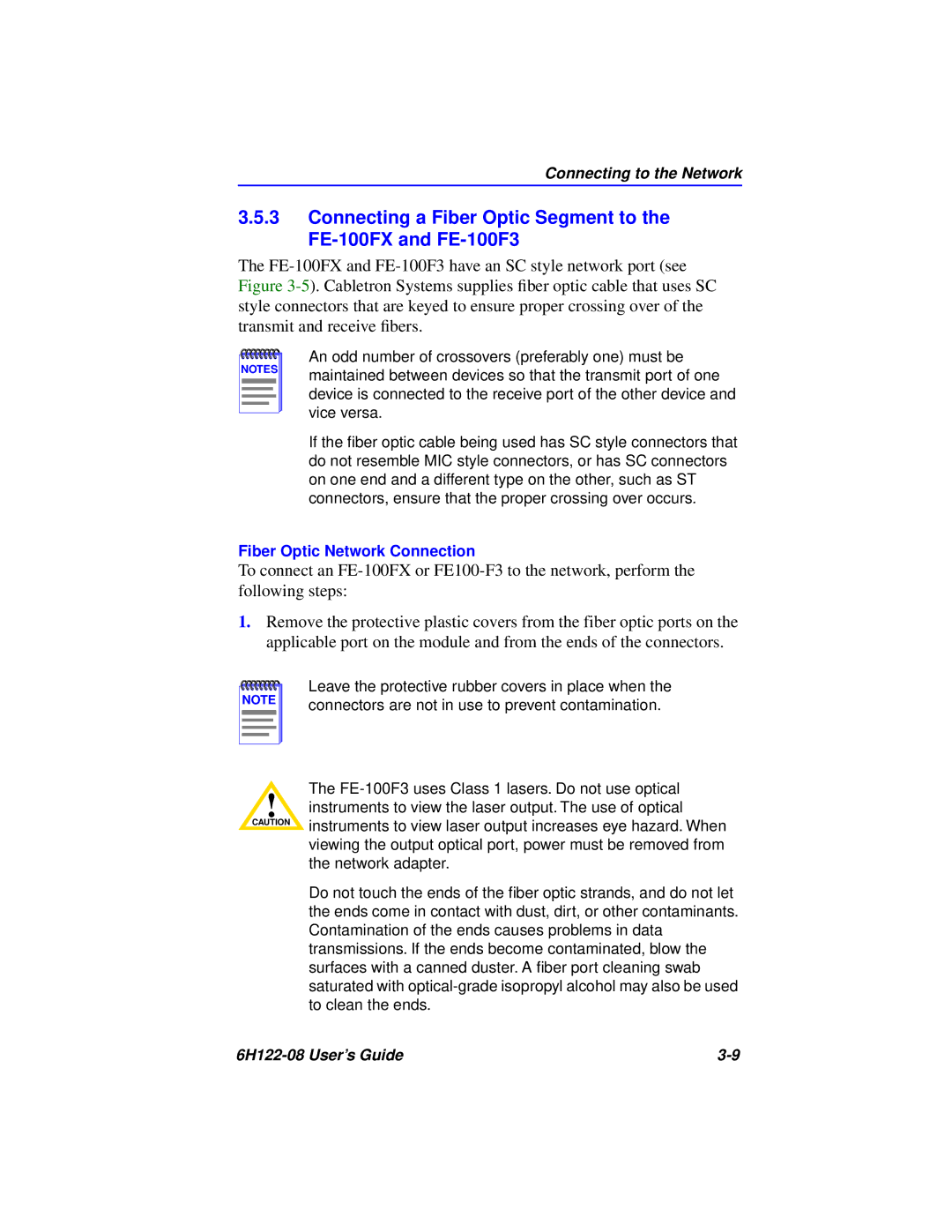 Cabletron Systems 6H122-08 manual Fiber Optic Network Connection 