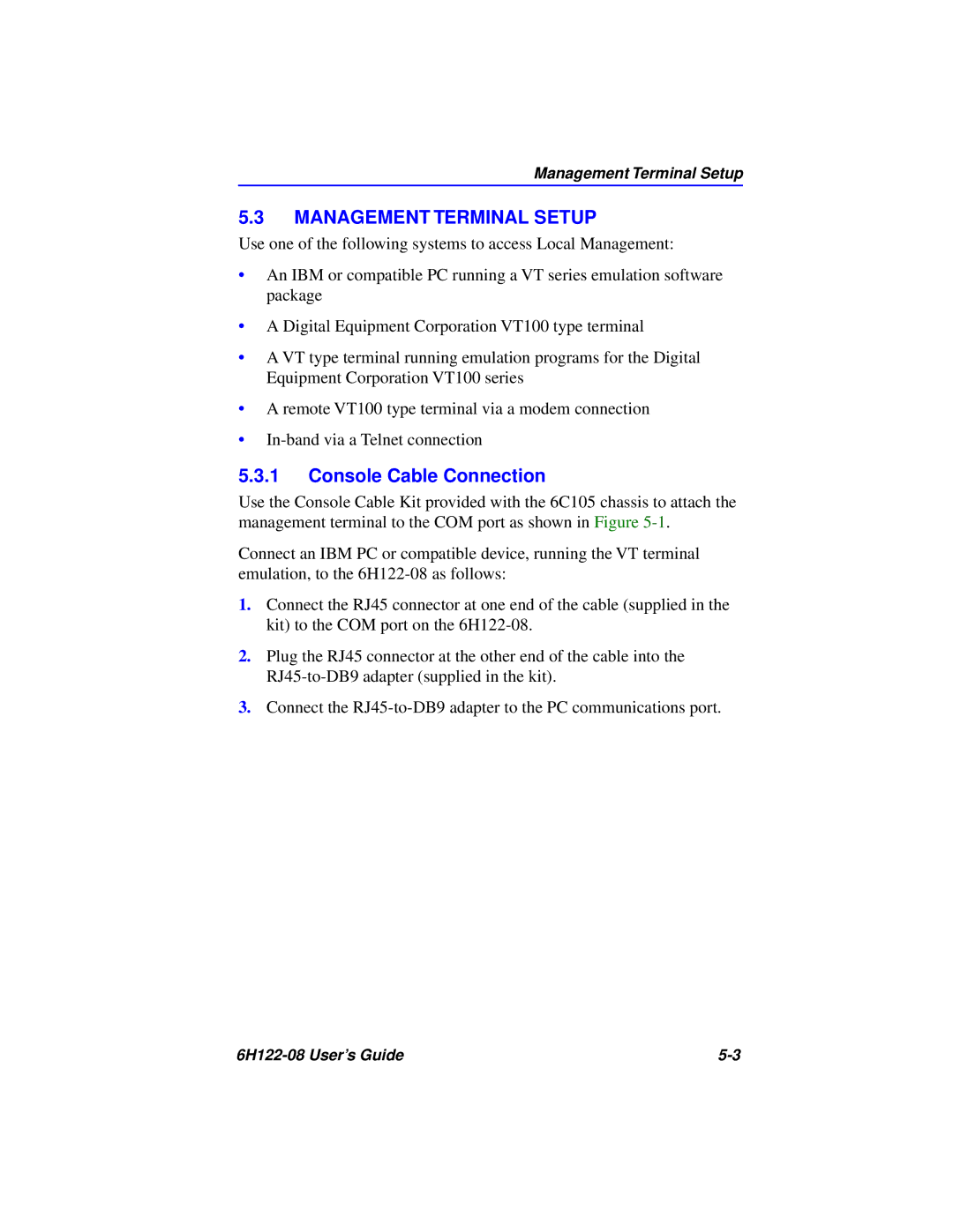 Cabletron Systems 6H122-08 manual Management Terminal Setup, Console Cable Connection 