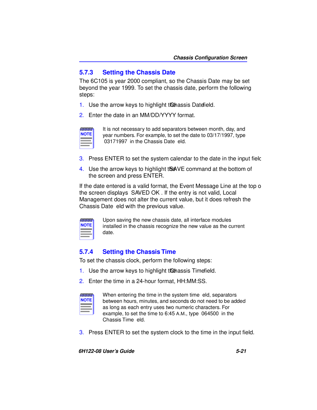 Cabletron Systems 6H122-08 manual Setting the Chassis Date, Setting the Chassis Time 