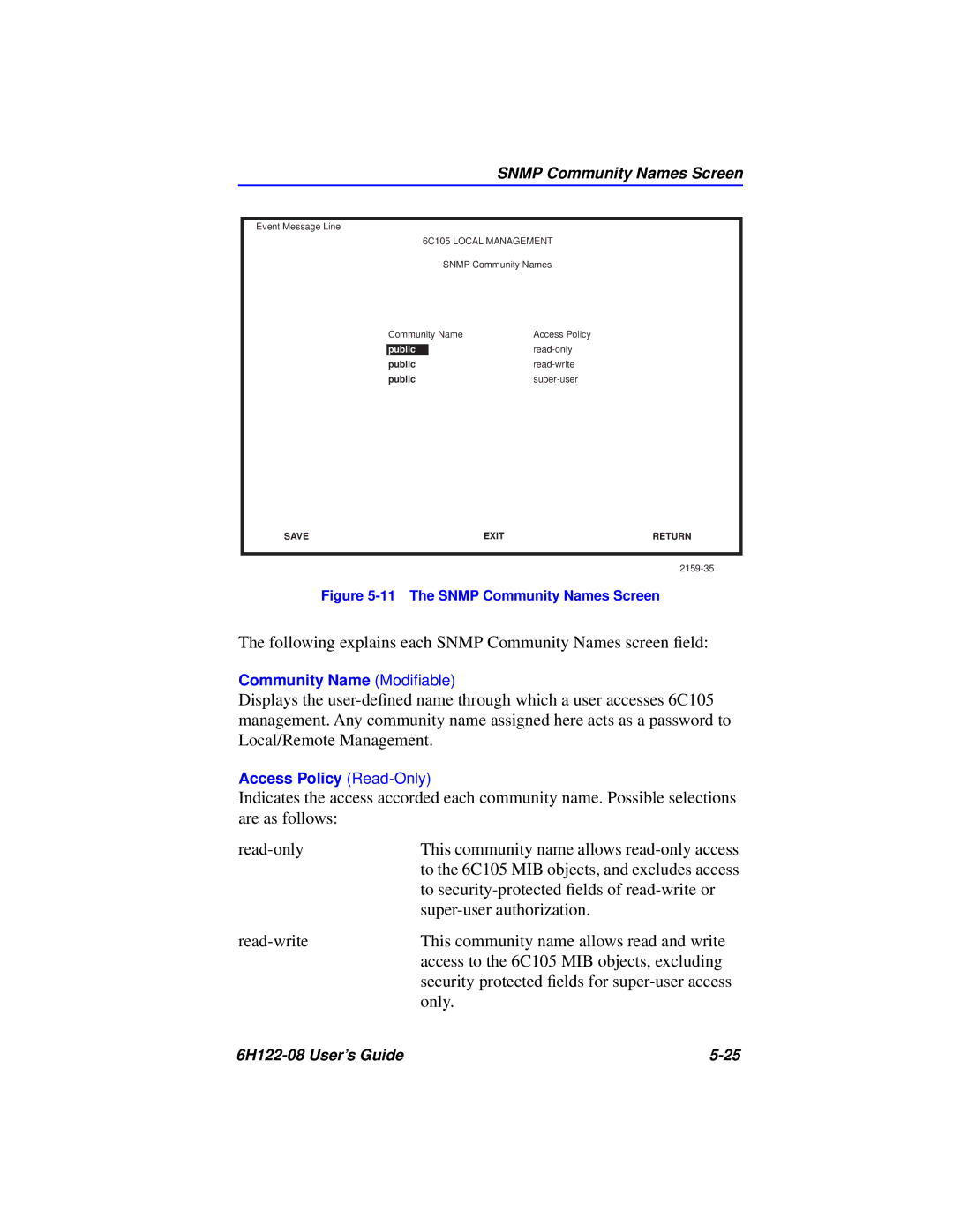 Cabletron Systems 6H122-08 manual Following explains each Snmp Community Names screen ﬁeld 